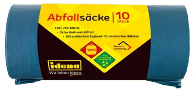 Produktbild von Idena Abfallsäcke mit Zugband extra stark reißfest 40µ 120l blau 70x100cm 10 Stück