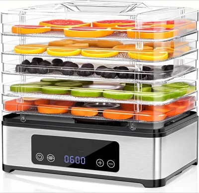 Image de Déshydrateur alimentaire en acier inoxydable - Appareil de déshydratation avec 5 plateaux - 400W - Minuterie et température réglables - Silencieux, prise EU 120–220V