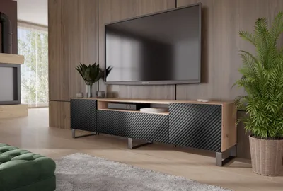 Image de Meuble TV Nicole III Meuble TV Meuble TV bas 200 cm Design trois portes Salon Fonction Push-To-Open Façades fraisées (couleur : chêne artisan, noir)