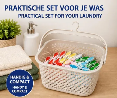 Productafbeelding van Wasknijpermandje met 24 Wasknijpers – Hangend Wasmandje – Opbergmandje voor Wasknijpers – 22,5 x 15 x 14 cm, AI-gegenereerde afbeelding