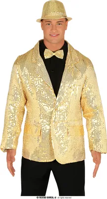 A man wearing a gold sequined jacket, bow tie, and hat.
