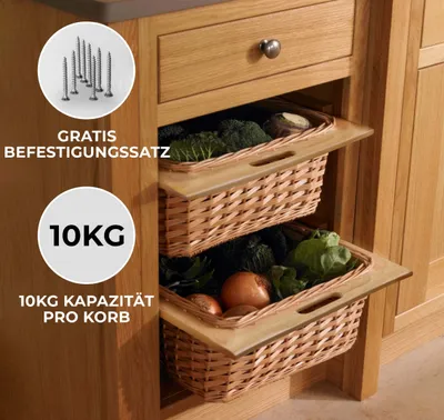 Immagine prodotto di 2 cestini estraibili in vimini per cucina in rattan da 600 mm - Cestini da cucina per riporre e conservare alimenti - Per dispensa e mobili base - In faggio massiccio da 60 cm - Stile rustico - Realizzati interamente a mano - Set di fissaggio incluso - Marrone