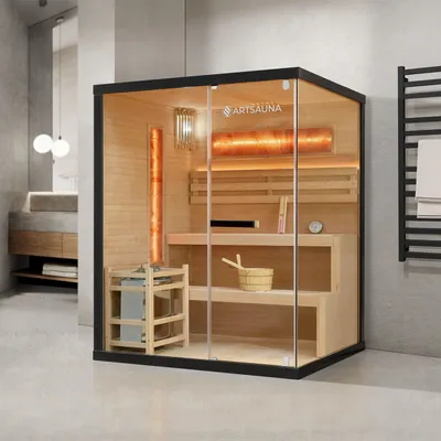 Produktbild von Artsauna Saunakabine Vantaa 150 mit Salzstein - Indoor Sauna 3 Personen - 4,5kW Ofen, Glasfront, LED Licht, Thermometer & Sanduhr - Komplett Set