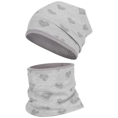Produktbild von Wintermütze + Schlauchschal Mädchen Winterset Beanie Snood, Hellgrau-Herz, Gr. 54-56