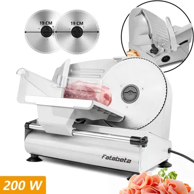 Produktbild von Allesschneider Elektrisch mit 2 Klingen, 15mm Einstellbare Schnittstärke Heimgebrauch Aufschnittmaschine für Fleisch Käse Gemüse, 200W, Silber