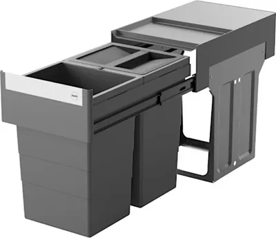 A pull-out kitchen waste bin system with two compartments and a lid, mounted on drawer slides.