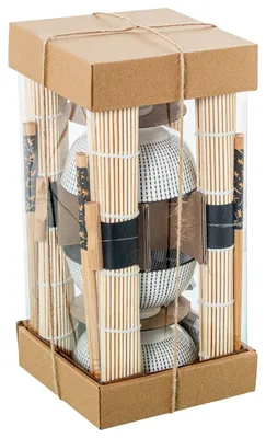 Sushi-Set mit 4 Schalen, Essstäbchen & Untersetzern, Porzellan/Holz, 12x12x6 cm