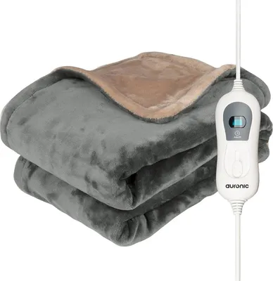Produktbild von Auronic Elektrische Heizdecke - 160 x 120 cm - 1 Person Wärmedecke - 3 Wärmestufen mit Timer - Kuscheldecke - Flanell - Grau