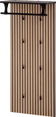 A wall-mounted coat rack with a shelf and multiple hooks.