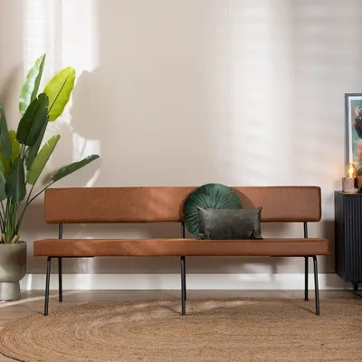 A brown leather bench with two decorative pillows in a room with a large plant and a side table.
