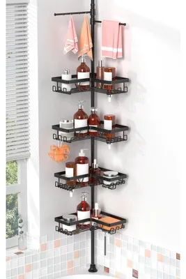 Produktbild von Duschablage ohne Bohren Teleskop Eckablage Schwarz mit Handtuchhalter höhenverstellbar 63,5-290 cm