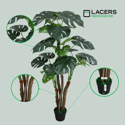 Produktbild von Lacers SMARAGDLINE pflegeleichte künstliche Monstera im Topf – Fensterblatt 130cm -realistische Optik, Dekoration für Wohnzimmer, Balkon und Büroräume