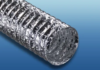 A close-up shot of a flexible aluminum duct on a blue gradient background.