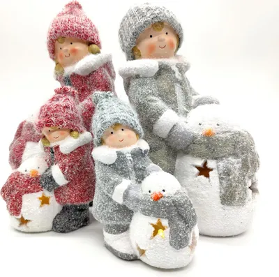 Produktbild von Winterkinder Mädchen und Jungen mit LED Schneemännern 16cm und 27cm Dekofigur Weihnachtsdeko