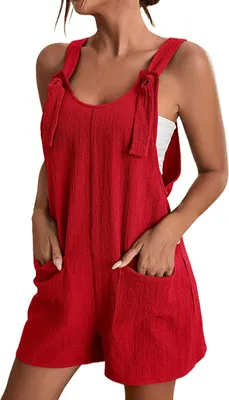 Produktbild von ASKSA Damen Jumpsuit Sommer Ärmellos Kurz Latzhose Playsuit Baggy mit Taschen Sommershort, Rot, XXL