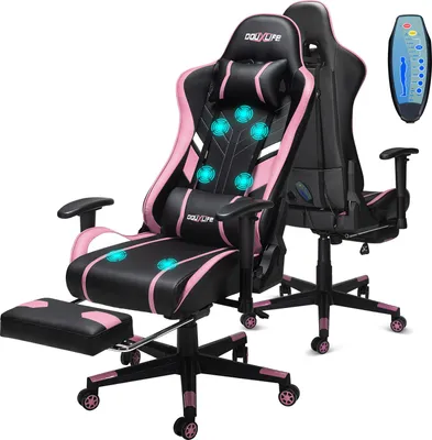 Two gaming chairs are shown, one in the foreground with a footrest extended, and another in the background. A remote control is visible in the upper right corner.