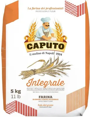 A bag of Caputo flour with branding and product information.