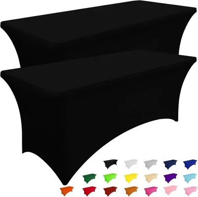 Image de Lot de 2 nappes élastiques de 1,8 m, nappes résistantes aux déchirures pour tables rectangulaires, nappes lavables pour l'extérieur, les mariages, les réceptions et les fêtes (noir, 183 x 76 x 76 cm)