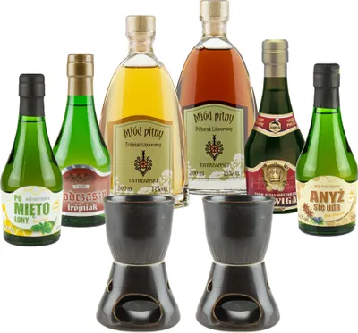 Produktbild von Setz von 6 Mets mit Keramikwärmern (Honigwein 2x Półtorak-Eineinhalber/ 4x Trójniak-Drittel) | 1400ml | 13-16% Alkohol Metwein | Polnische Produktion