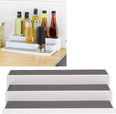 Produktbild von Küchenarbeitsplatten-Organizer, 3-stufiges Teleskopregal zur Erweiterung der Arbeitsfläche, rutschfeste Oberfläche, Kunststoff, 37 x 8,5 x 8,5–23 cm, Weiß-Grau