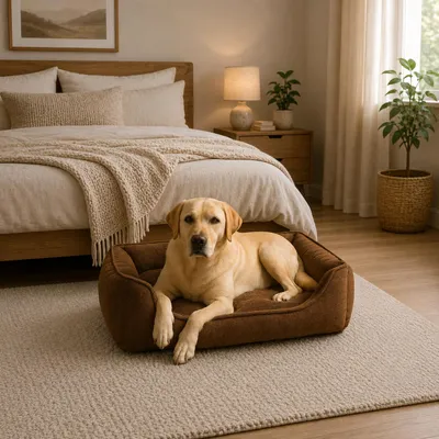 Produktbild von belviona Hundekorb mit Plüsch-Innenseite, abnehmbarem Bezug & Anti-Rutsch-Unterseite, 90x75 cm, braun, KI-generiertes Bild