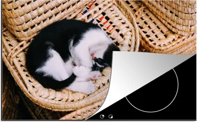 Produktbild von KitchenYeah© Herdabdeckplatte Katze - Korb - Schwarz - Weiß , 83x51cm, Küche Deko, Glaskeramikkochfeld Herdabdeckung, Abdeckplatte fùr Kochfeld