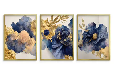 Produktbild von Moderne Poster für die Wohnzimmerwand, marineblaue und goldene Blumen 3x30x40