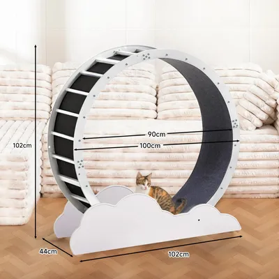Image de Tapis de course pour chats - Roue d'exercice pour chats - 100 cm - Très silencieux - Tapis amovible - Jouets et autocollants - Sécurité - Métal, blanc avec motif nuages
