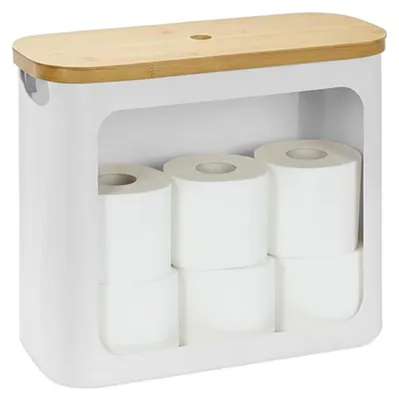 Produktbild von Toilettenpapierhalter Klorollenhalter Reserverollenhalter - 12 Rollen - Stoff mit Bambusdeckel - 36 x 43 x 17 cm - Weiß