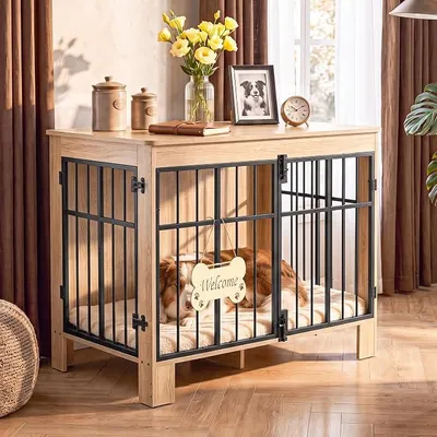 Imagen del producto de Jaula para perros, mueble de 85 cm, diseño de 2 puertas, aspecto de madera, dimensiones: 85 x 55 x 70 cm
