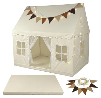 Productafbeelding van Relaxdays speeltoog, hoogte x breedte x diepte: 130 x 125 x 95 cm, met lichtketting, 3 ramen, gordijn, eenvoudig op te zetten, kinderspeelhuis, beige