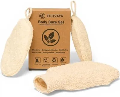 Produktbild von Luffa-Duschschwamm-Set mit 2 natürlichen Luffaschwämmen und Hanf-Waschhandschuh für Körperpeeling in Dusche, Bad und Sauna, plastikfrei