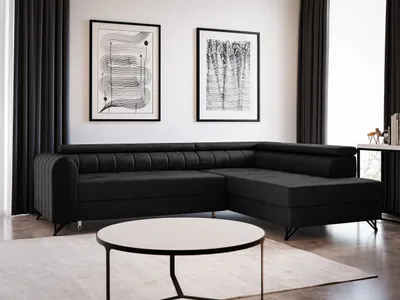 Produktbild von Ecksofa Alice mit Schlaffunktion und Bettkasten, Wohnlandschaft mit einstellbare Kopfstützen, Couch, Sofa, Bettsofa, Schlafsofa (Schwarz (Kronos 07), Ecksofa Rechts)