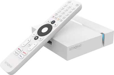 A white TV media player and its remote control are shown on a white background.