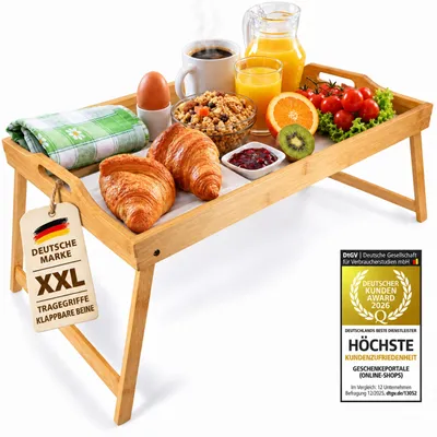 Produktbild von XXL Frühstückstablett aus Bambus klappbares Serviertablett Betttablett Laptoptisch mit Beinen 70x45x25cm Holztablett für Bett Couch Sofa