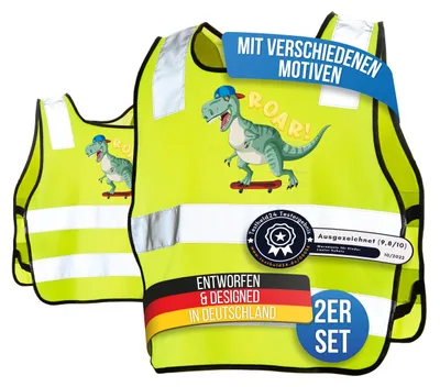 Produktbild von LAUTER SCHUTZ ® Warnweste Kinder (3-12 Jahre) Sicherheitsweste [2 Stück] für bessere Sichtbarkeit bei Tag und Nacht für Sport, Laufen, Fahrrad, Weg zur Schule & Auto (Reflektorweste - Dino)