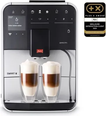 A Melitta Caffeo Barista T Smart F831-101 coffee machine is shown from the front, with two cups of coffee with foam on the drip tray. A promotional badge is visible on the right side of the image.
