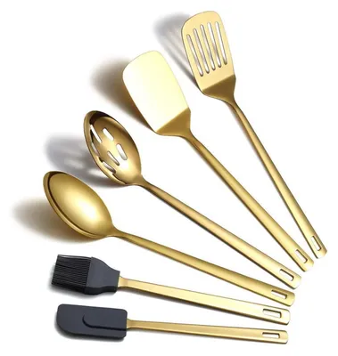 Image de Ensemble de 6 ustensiles de cuisine en acier inoxydable doré : spatule, cuillère de cuisine, écumoire, résistant à la chaleur, compatible lave-vaisselle