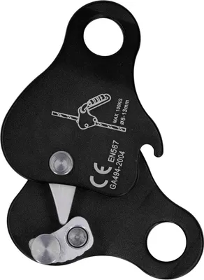 A black climbing rope grab device with silver metal accents, shown against a white background.