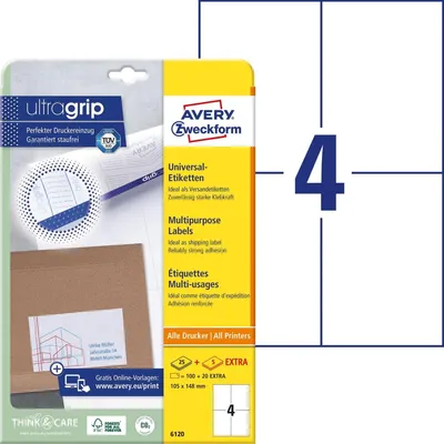 Productafbeelding van Avery Zweckform® 6120 Universele etiketten met ultragrip - 105 x 148 mm, wit, 120 etiketten, permanent