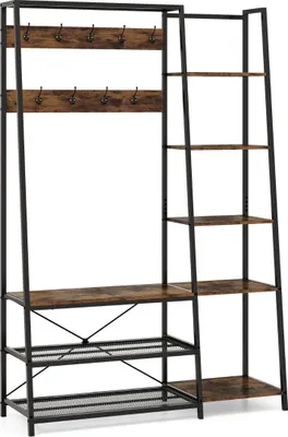 Produktbild von 5 in 1 Garderobenständer mit Schuhbank & 9 Haken & 5 Seitenablagen & 2 Gitterregalen