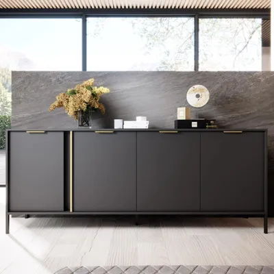 Productafbeelding van Zijtafel/dressoir VALDI, 203 cm, antraciet, goudkleurige metalen poten, 4 laden