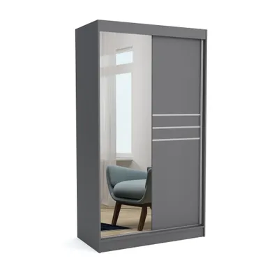 Produktbild von Kleiderschrank TOM II 120 ANTHRACIT, 120x60x215 cm – Schiebetüren mit Spiegel, Kleiderstange & Regalböden, Garderobenschrank, Moderner Kleiderschrank
