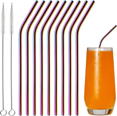 Produktbild von Röhrchen – Set mit 10 Stück – Edelstahl – Set mit 2 Reinigungsbürsten – Metallstrohhalme – Wiederverwendbar – Spülmaschinenfest – Ideal für Cocktails und Säfte