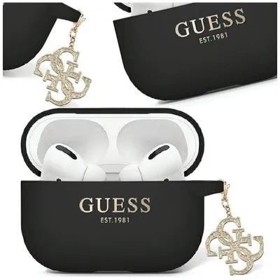 Produktbild von Guess GUAP2LECG4K Hülle für AirPods Pro 2 Cover - schwarzer Flüssigsilikon-Glitzer-Dreiecksanhänger
