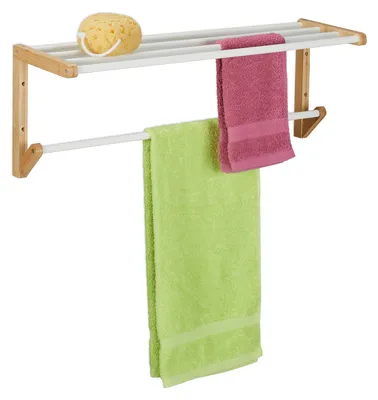 Image de Porte-serviettes mural, dimensions : 25 x 70 x 20 cm, 4 barres, porte-serviettes de douche pour la salle de bains, bambou, naturel/blanc