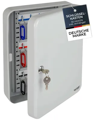 Produktbild von HMF Schlüsselkasten groß aus Stahl, abschließbarer Schlüsselschrank für Flur, Arbeitszimmer oder Garage, 30 Schlüsselhaken, 30 x 24 x 7,5 cm, Lichtgrau