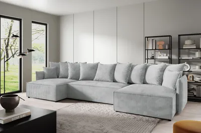 Produktbild von U-Form Ecksofa ANTONIO ABRIAMO-POSSO 362x148x70 cm mit Schlaffunktion & Bettkästen - Eckarniutur / Couch in Cord-Bezug - Hellgrau