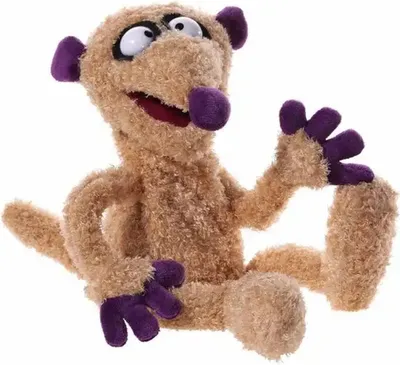 A plush hand puppet with beige fur and purple accents.