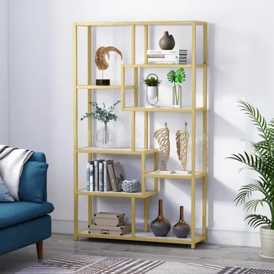Produktbild von Bücherregal 8 Fächer Weiß Gold Metallrahmen 100 x 30 x 180 cm